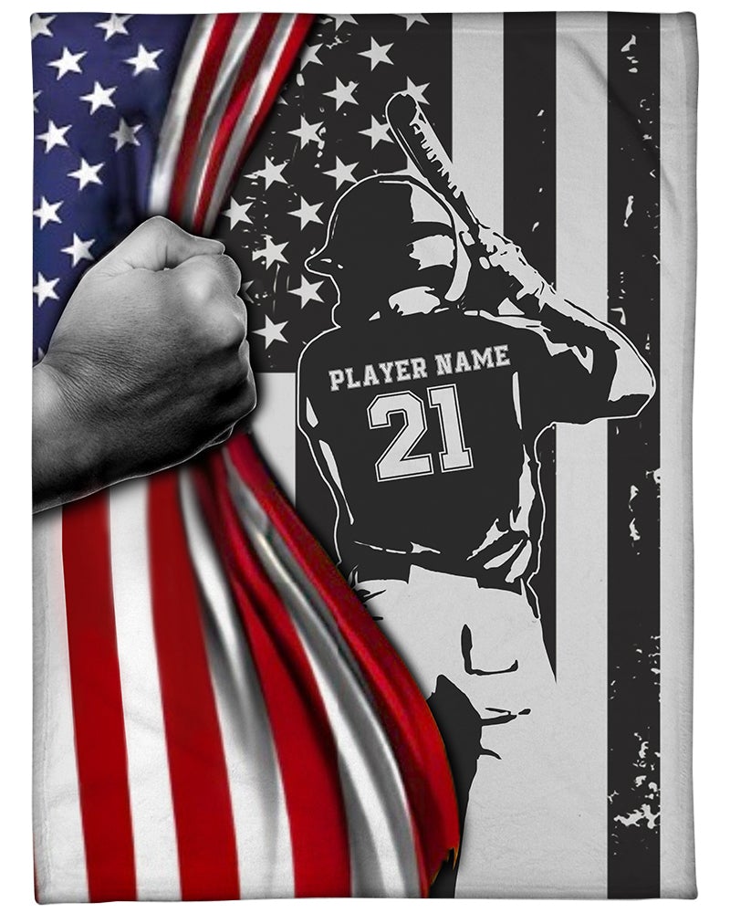 Personalized Baseball American Flag Blanket Baseball Son Name And Number Can Be Changed Blanket