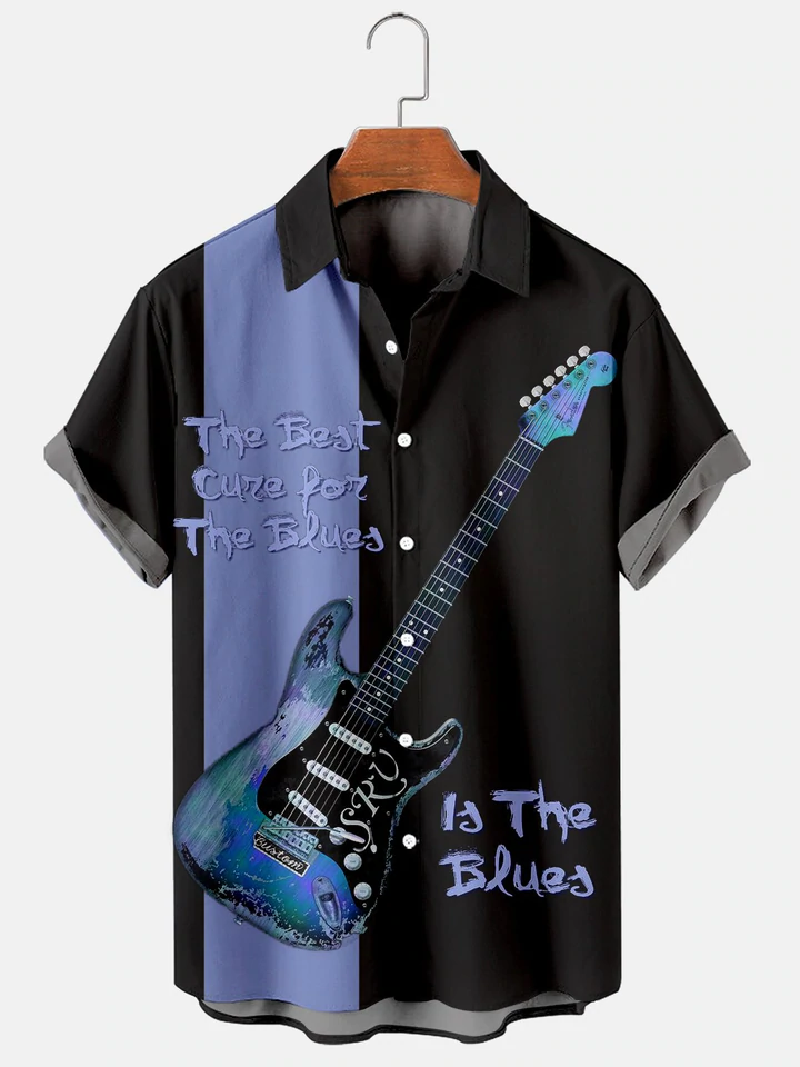 Men''s Simple Music Guitar Patchwork Hawaiian Shirt for men