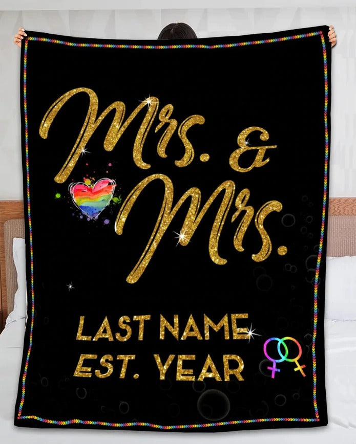Personalized Valentines Day Blanket For Lgbt Couple Mrs & Mrs Rainbow Heart Black Background Custom Names & Year