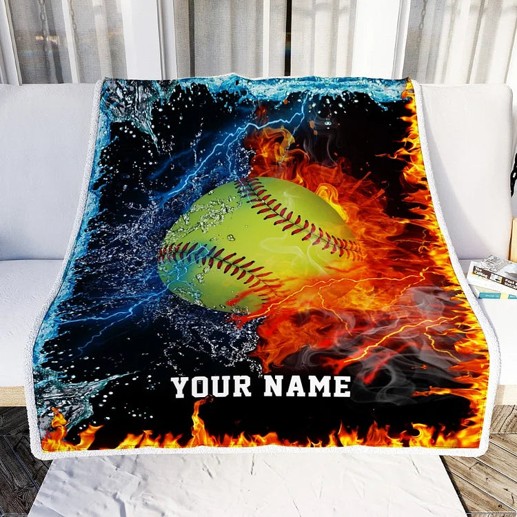 Personalized Lover Kids Fire and Thunder Softball Blanket/ Custom Name Baseball Fleece and Sherpa Blanket