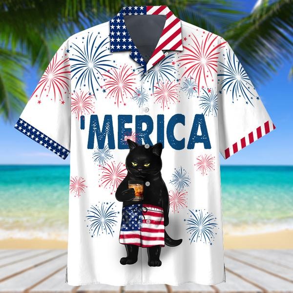 Black Cat Hawaiian Shirt/ Independence Day Cat Hawaiian Shirts/ Merica Patriotic Gift For Cat Lovers