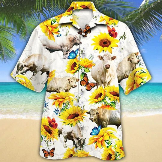 Charolais Cattle Lovers Sun Flower Hawaiian Shirt/ Unisex Print Aloha Short Sleeve Casual Shirt
