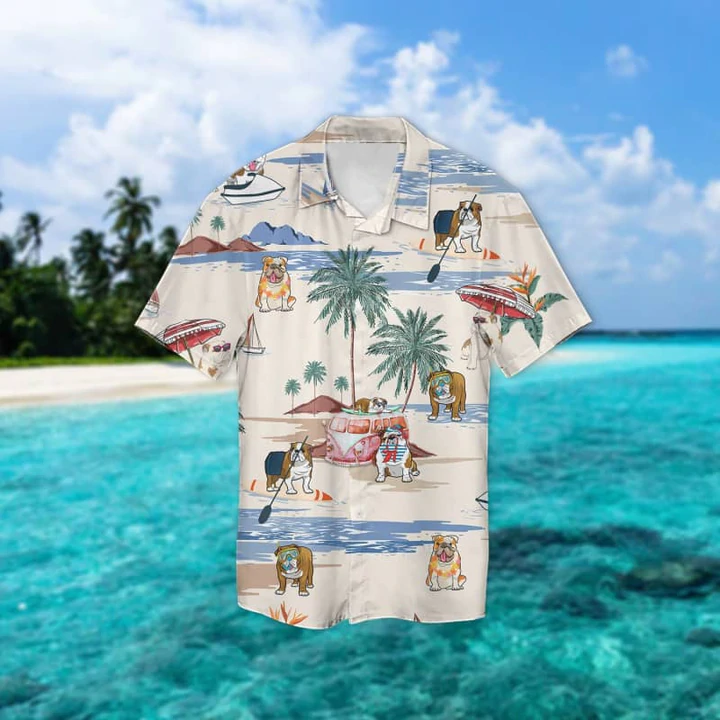 English Bulldog Summer Beach Hawaiian Shirt/ Hawaiian Shirts for Men Short Sleeve Aloha Beach Shirt