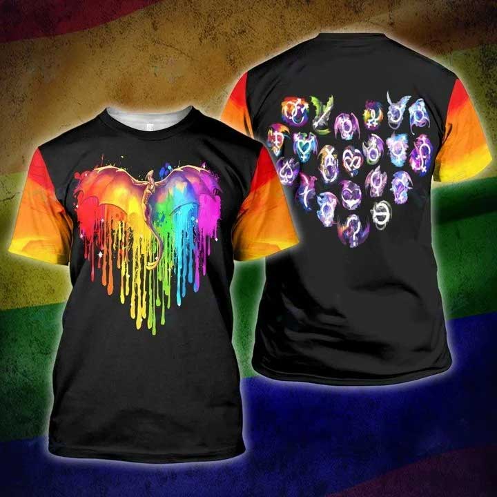 Lgbt Dragon Rainbow Water Color 3D All Over Printed Shirt/ Pride Dragons 3D Shirt/ Gay Dragon Shirt
