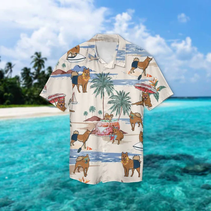 Finnish Spitz Summer Beach Hawaiian Shirt/ Hawaiian Shirts for Men Short Sleeve Aloha Beach Shirt
