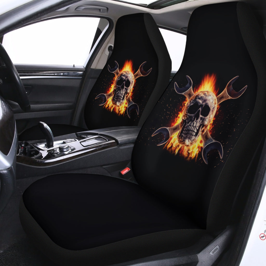 Flaming Skull And Cross Wrench Print Universal Fit Car Seat Covers