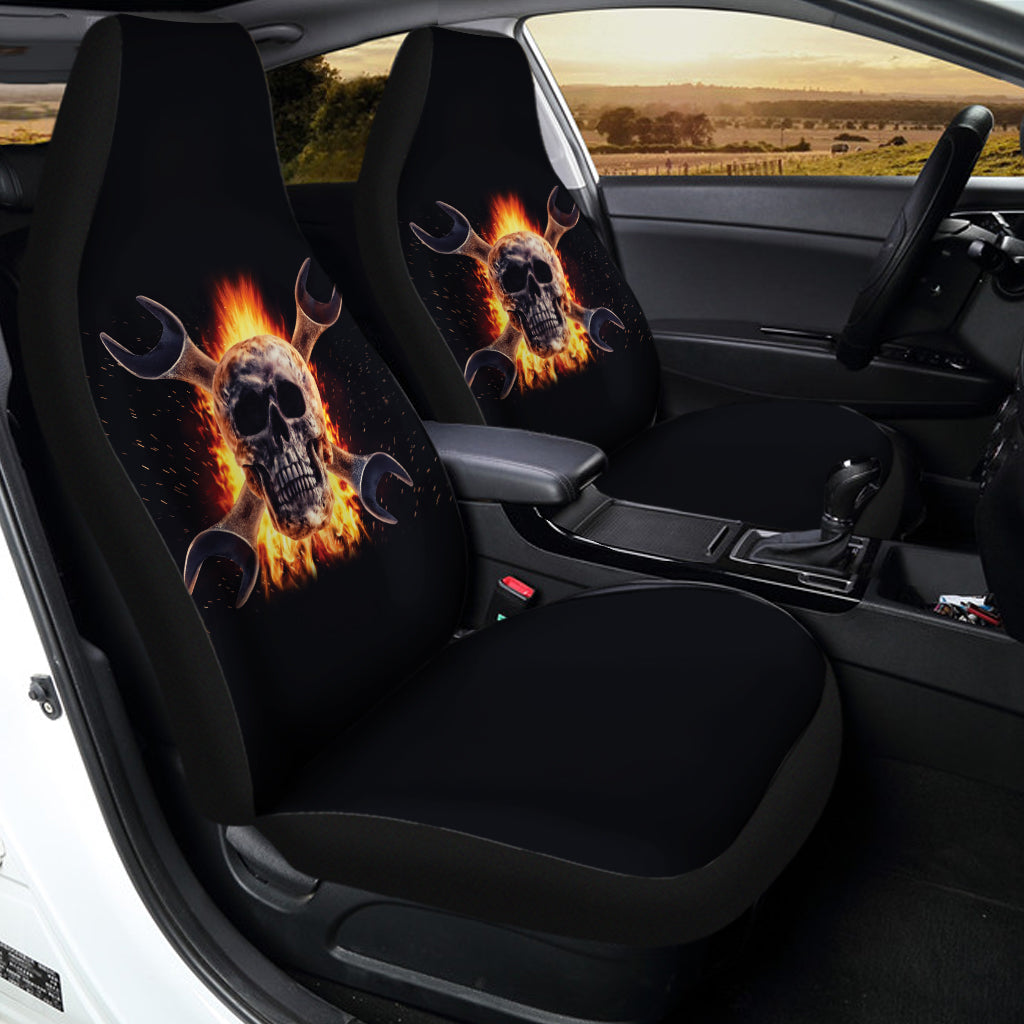 Flaming Skull And Cross Wrench Print Universal Fit Car Seat Covers