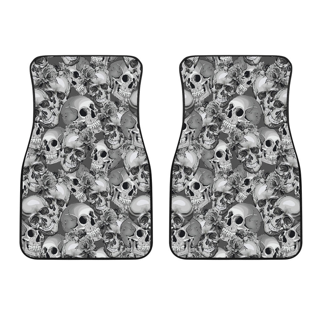 Monochrome Skull Flowers Pattern Print Front And Back Car Floor Mats/ Front Car Mat