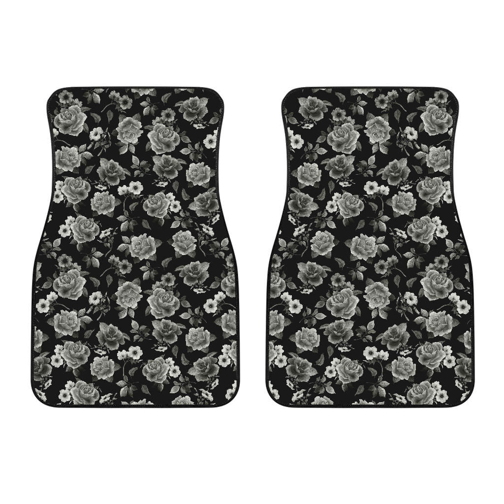 Monochrome Rose Floral Pattern Print Front And Back Car Floor Mats/ Front Car Mat