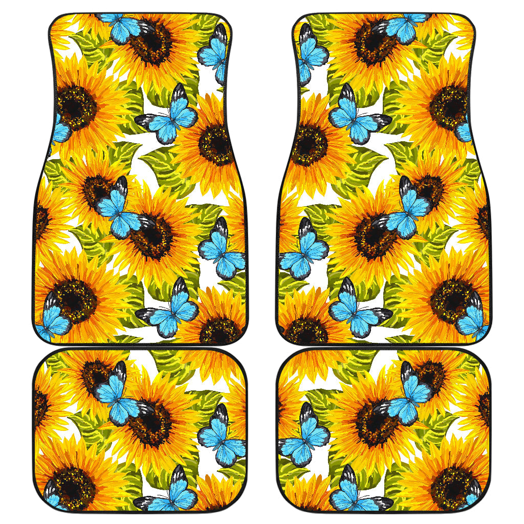 Blue Butterfly Sunflower Pattern Print Front And Back Car Floor Mats/ Front Car Mat