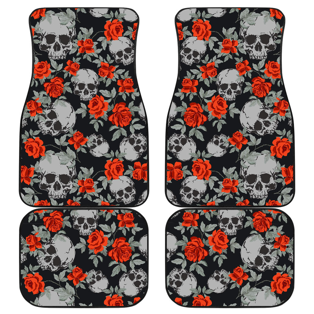 Red Rose Grey Skull Pattern Print Front And Back Car Floor Mats/ Front Car Mat