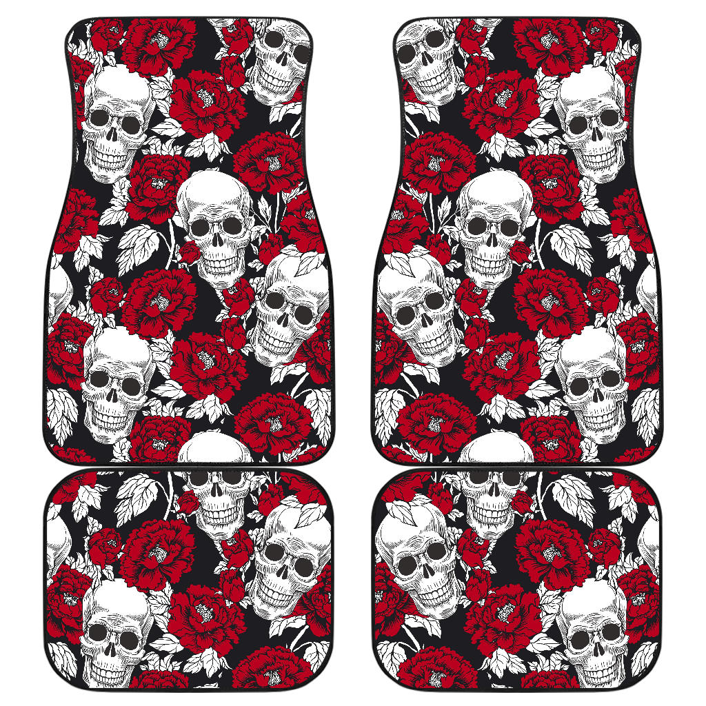 Red Peony Skull Pattern Print Front And Back Car Floor Mats/ Front Car Mat