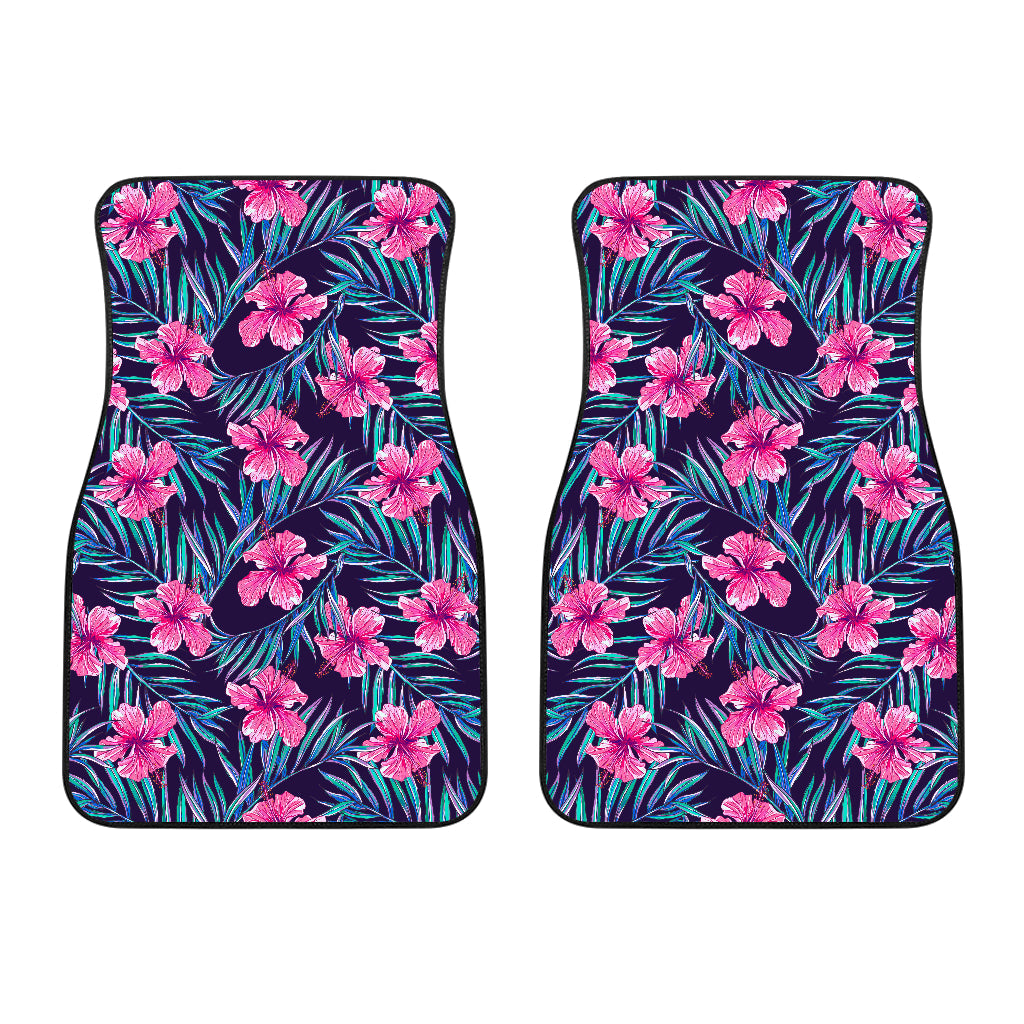 Teal Tropical Hibiscus Pattern Print Front And Back Car Floor Mats/ Front Car Mat