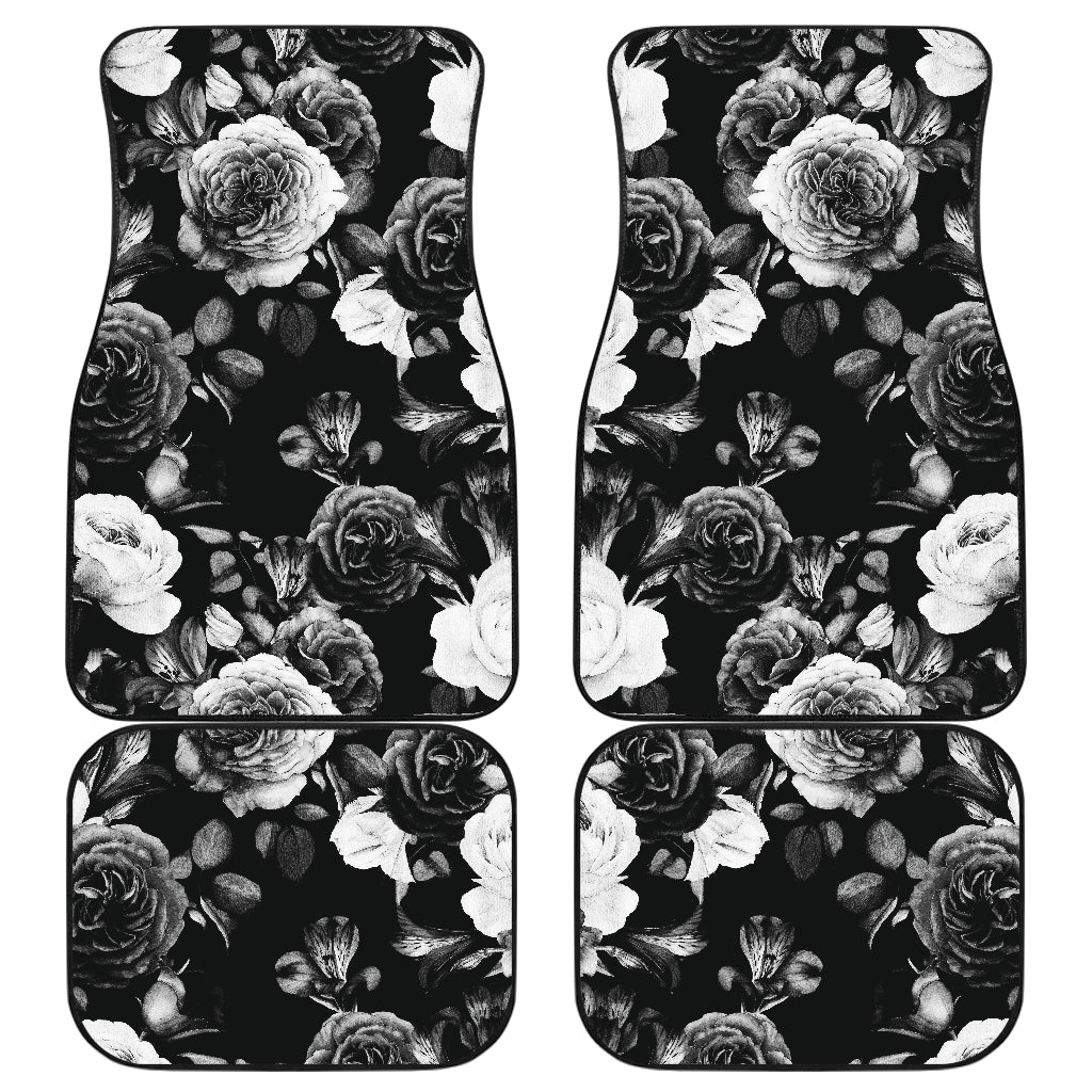 Black White Rose Floral Pattern Print Front And Back Car Floor Mats/ Front Car Mat