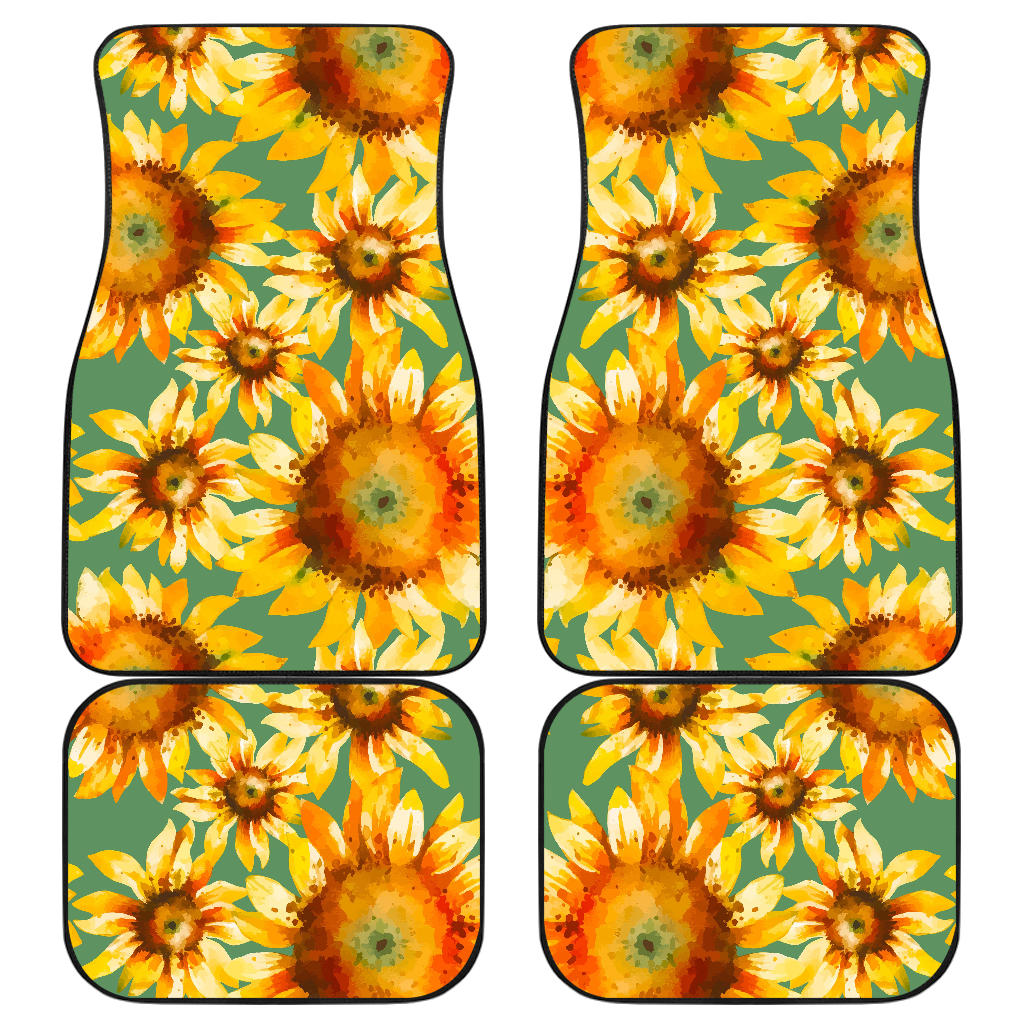 Sage Watercolor Sunflower Pattern Print Front And Back Car Floor Mats/ Front Car Mat