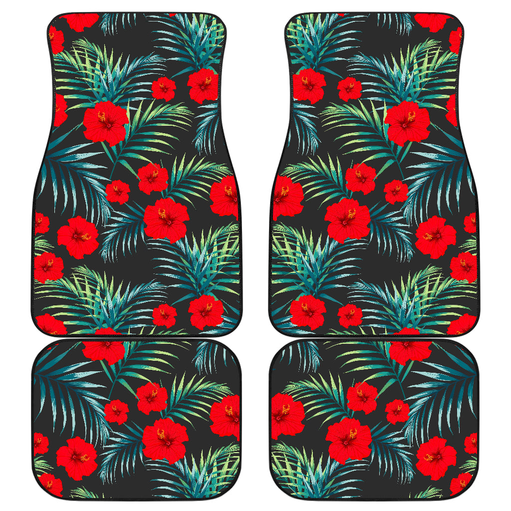 Tropical Hibiscus Leaves Pattern Print Front And Back Car Floor Mats/ Front Car Mat