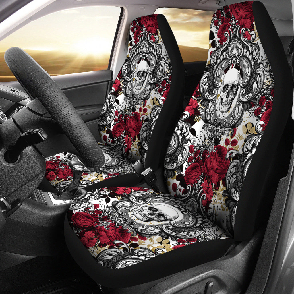 Gothic Skull And Red Roses Universal Fit Car Seat Covers/ Skull Decoration For A Car