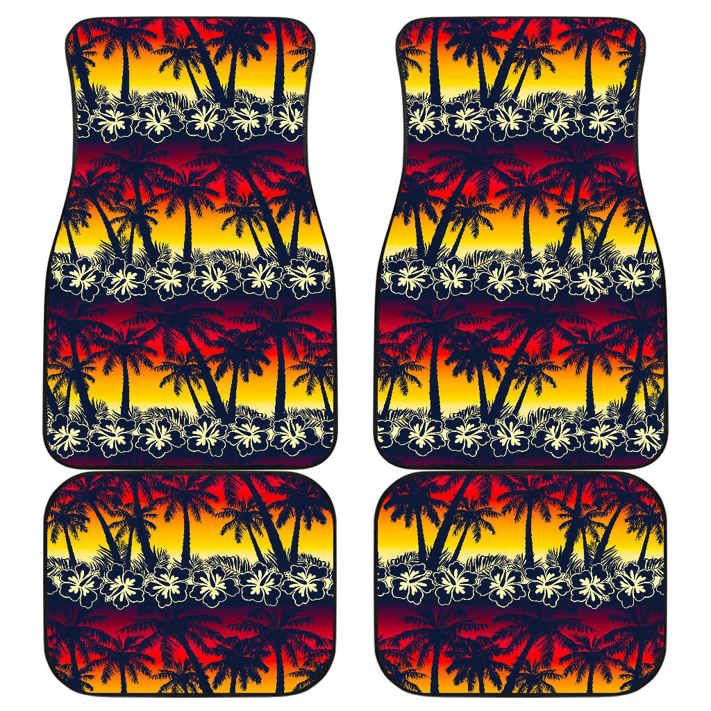 Sunset Hibiscus Palm Tree Pattern Print Front And Back Car Floor Mats/ Front Car Mat