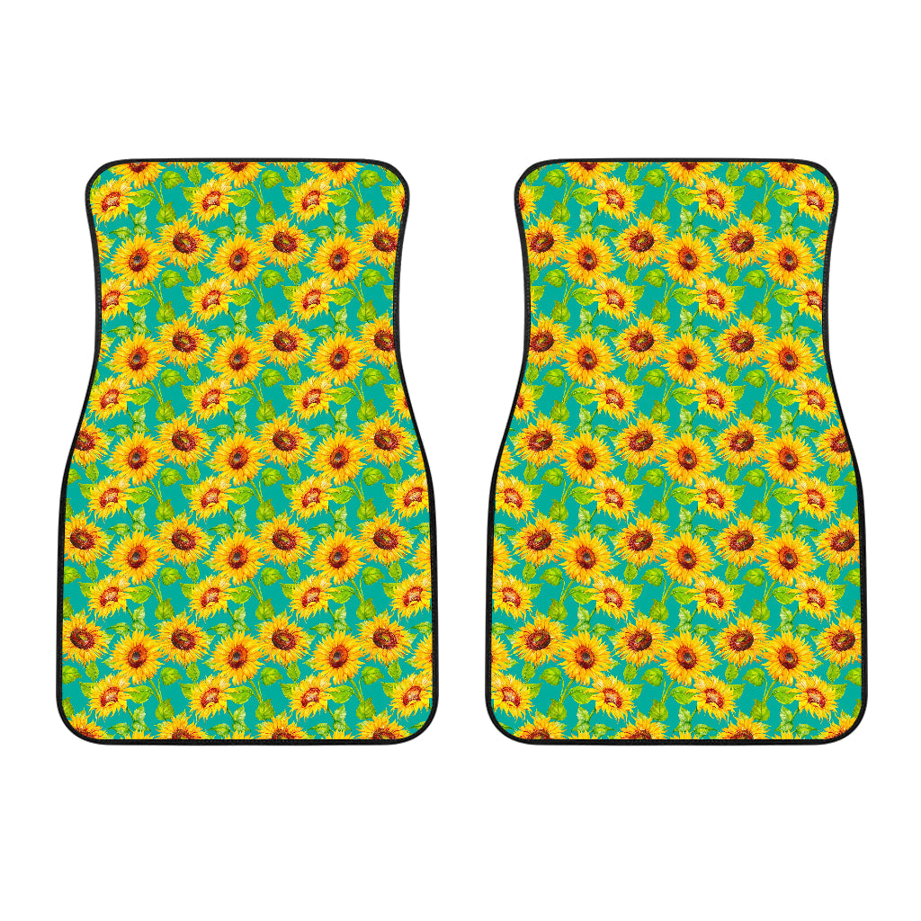 Teal Watercolor Sunflower Pattern Print Front And Back Car Floor Mats/ Front Car Mat