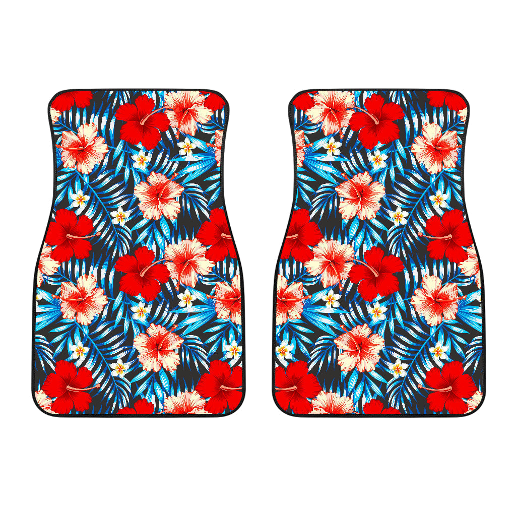 Turquoise Leaves Hibiscus Pattern Print Front And Back Car Floor Mats/ Front Car Mat