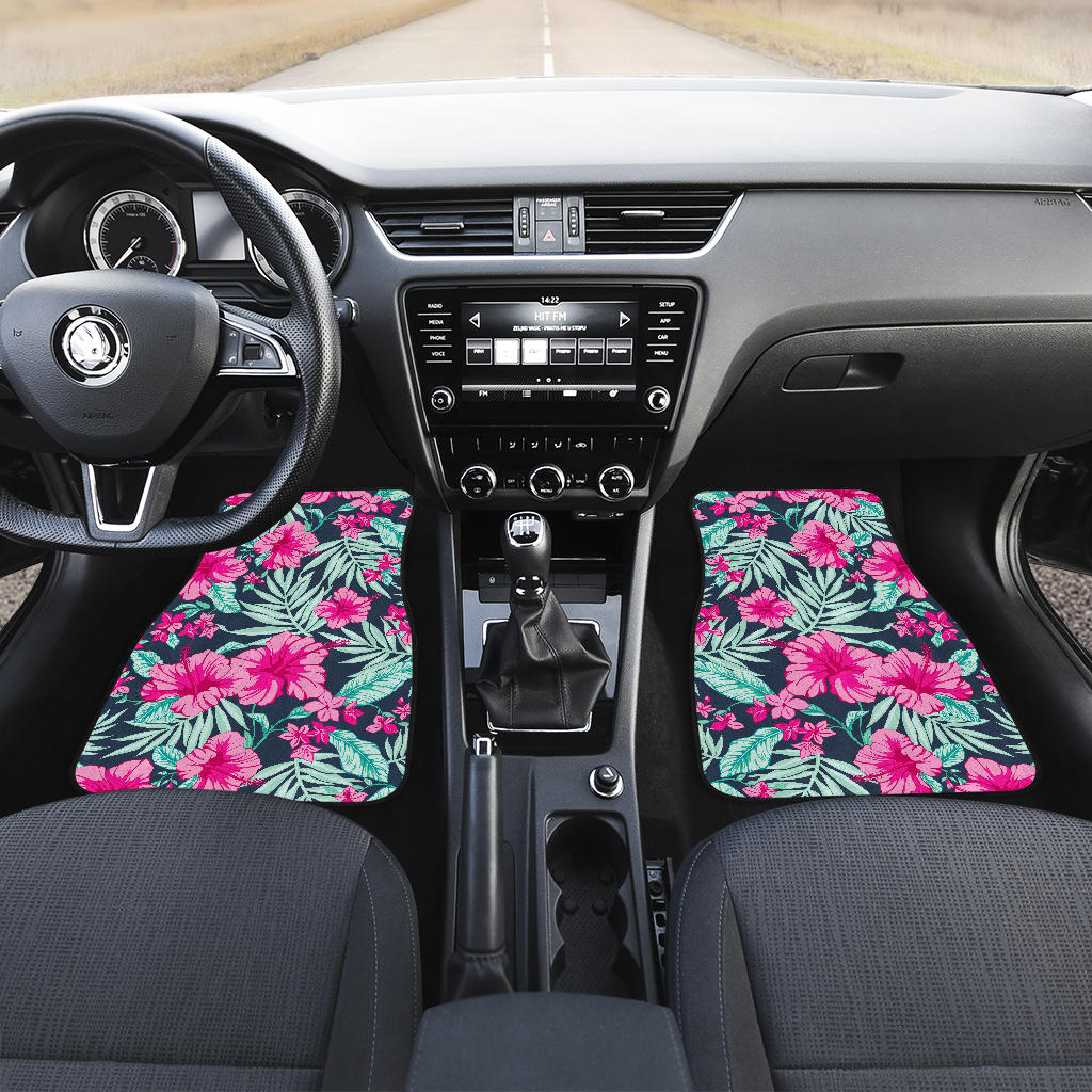 Pink Hibiscus Tropical Pattern Print Front And Back Car Floor Mats/ Front Car Mat