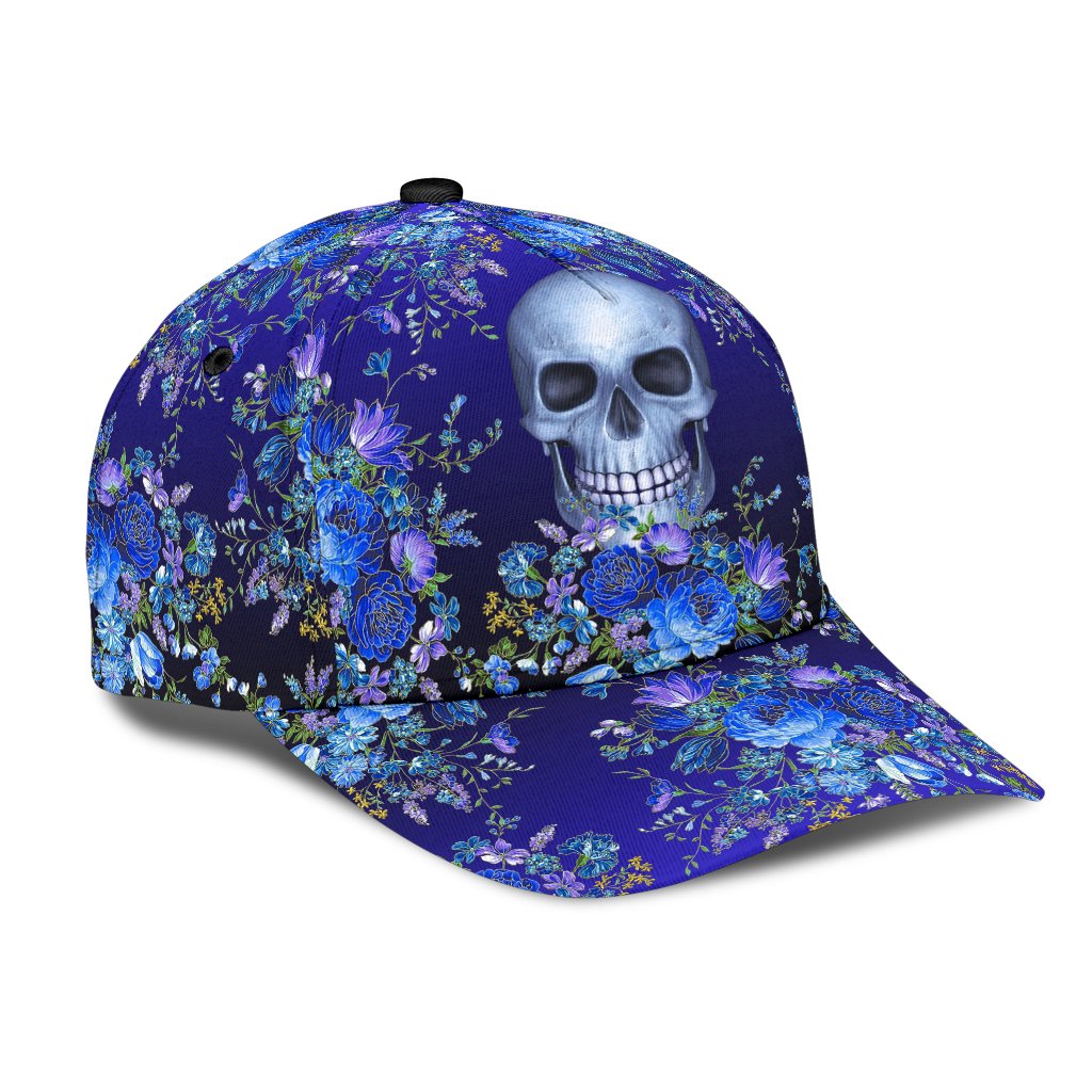 3D Skull Classic Cap Hat With Blue Floral Pattern/ Flower Skull Cap Hat For Her/ Women Skull Cap
