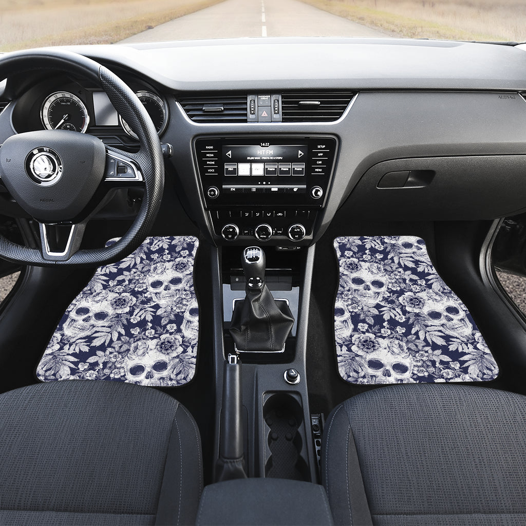 White Blue Skull Floral Pattern Print Front And Back Car Floor Mats/ Front Car Mat