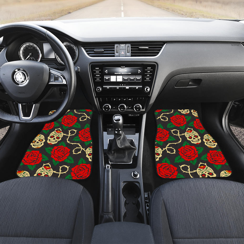 Rose Flower Sugar Skull Pattern Print Front And Back Car Floor Mats/ Front Car Mat