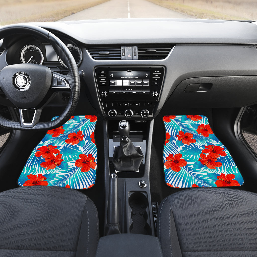 Blue Tropical Hibiscus Pattern Print Front And Back Car Floor Mats/ Front Car Mat