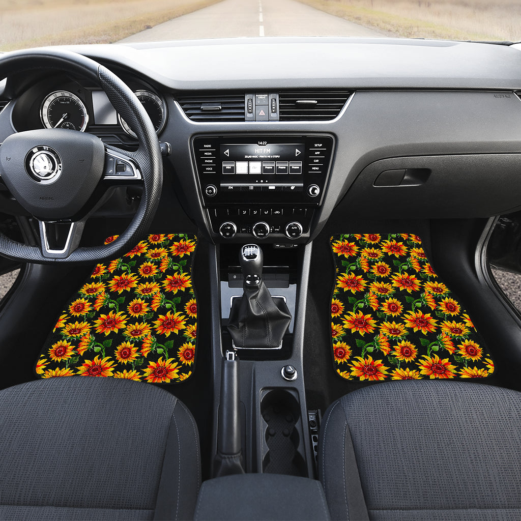 Black Autumn Sunflower Pattern Print Front And Back Car Floor Mats/ Front Car Mat