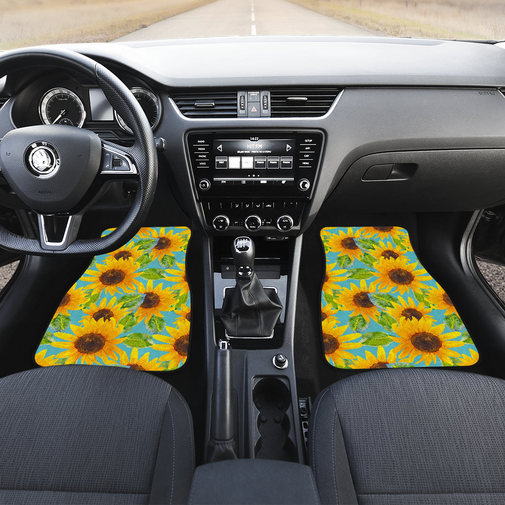 Blue Watercolor Sunflower Pattern Print Front And Back Car Floor Mats/ Front Car Mat