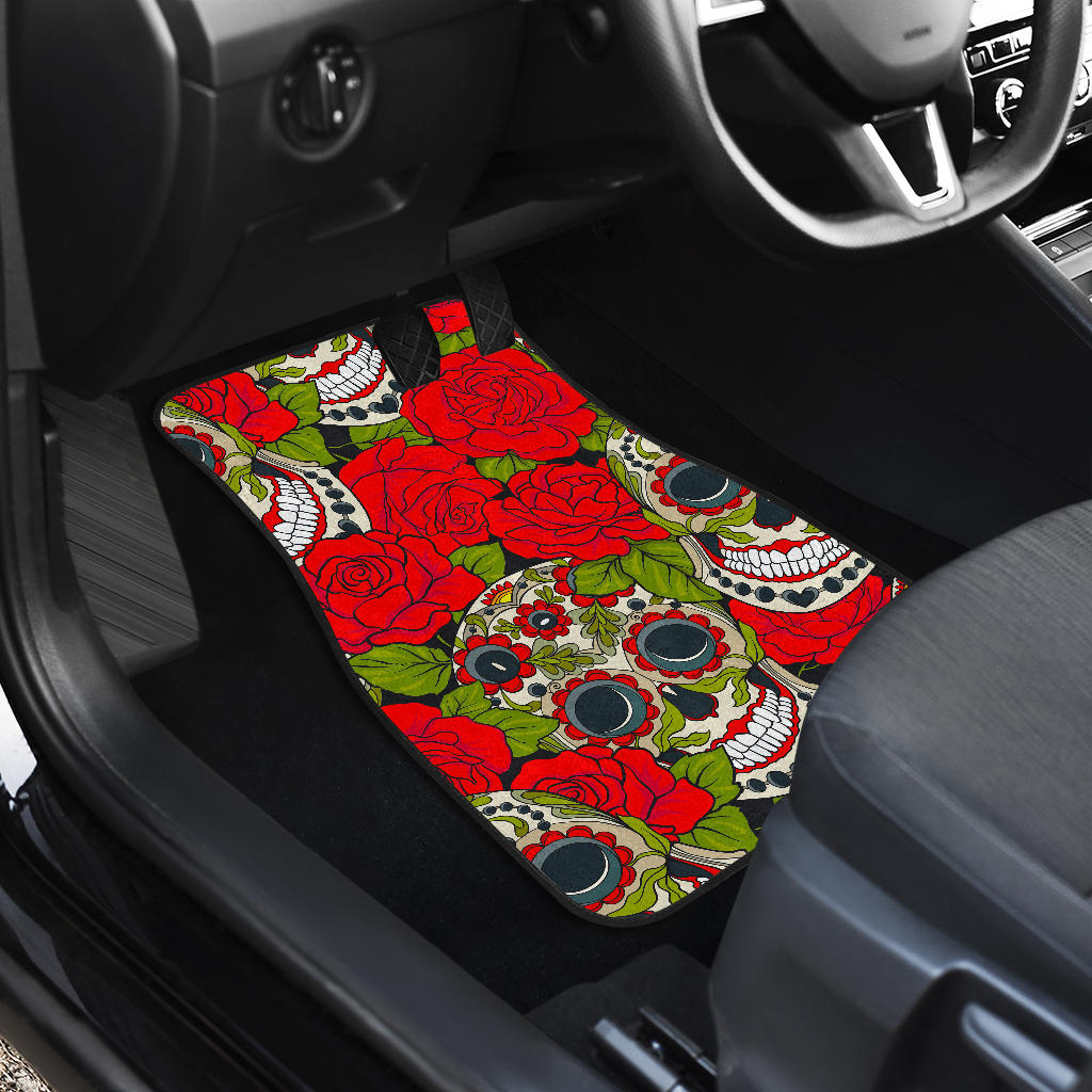 Rose Floral Sugar Skull Pattern Print Front And Back Car Floor Mats/ Front Car Mat
