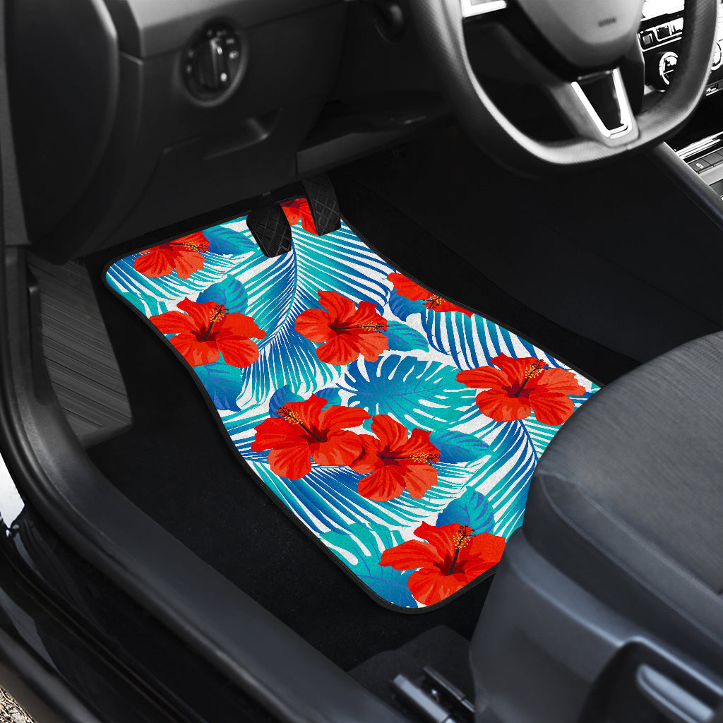 Blue Tropical Hibiscus Pattern Print Front And Back Car Floor Mats/ Front Car Mat