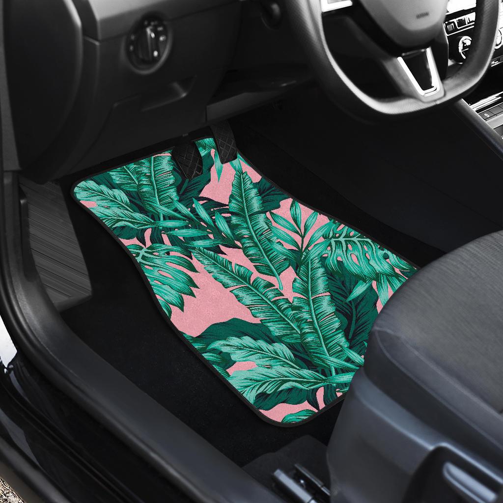Teal Banana Leaves Pattern Print Front And Back Car Floor Mats/ Front Car Mat