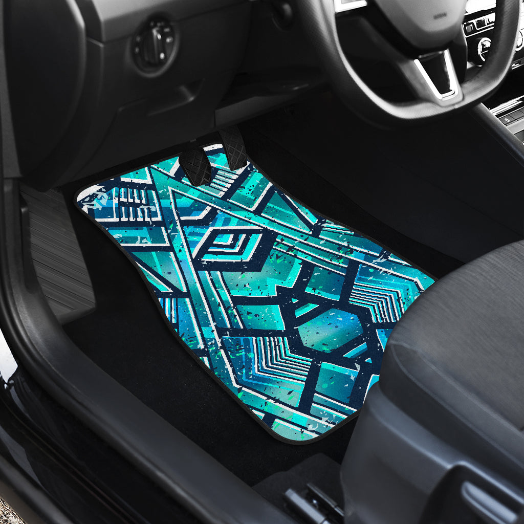 Turquoise Ethnic Aztec Trippy Print Front And Back Car Floor Mats/ Front Car Mat