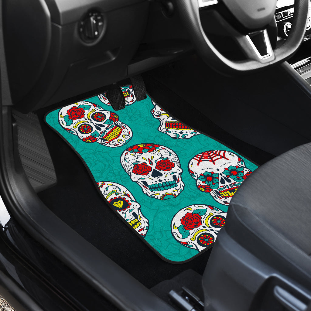 Teal Sugar Skull Pattern Print Front And Back Car Floor Mats/ Front Car Mat