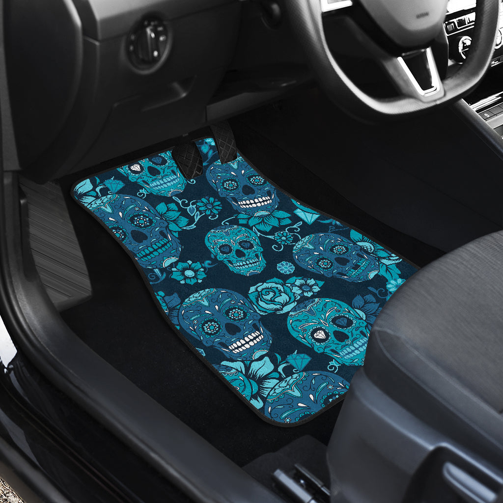 Teal Sugar Skull Flower Pattern Print Front And Back Car Floor Mats/ Front Car Mat