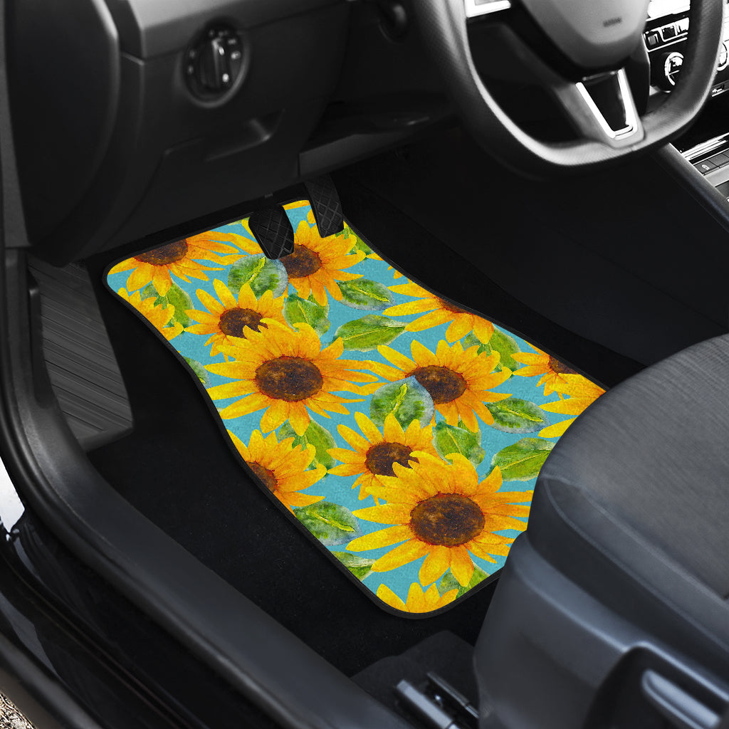 Blue Watercolor Sunflower Pattern Print Front And Back Car Floor Mats/ Front Car Mat