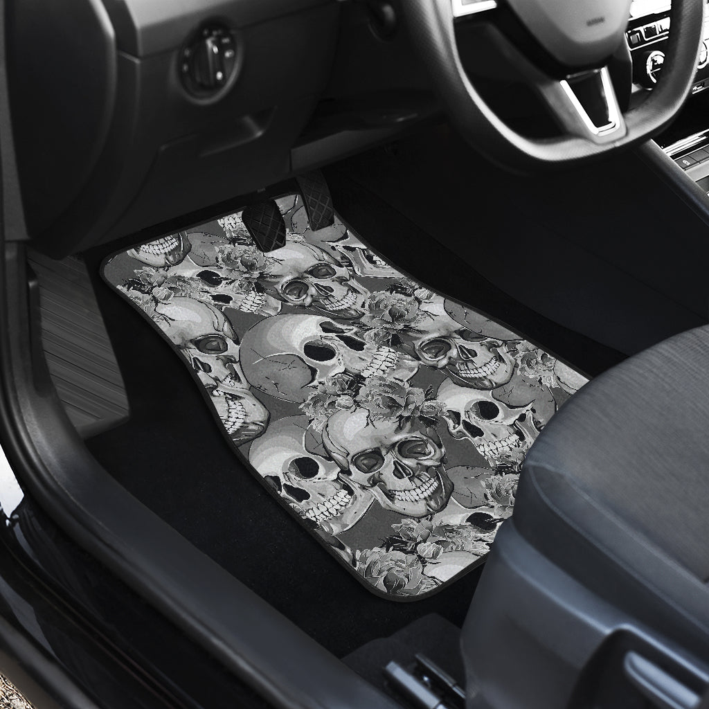 Monochrome Skull Flowers Pattern Print Front And Back Car Floor Mats/ Front Car Mat