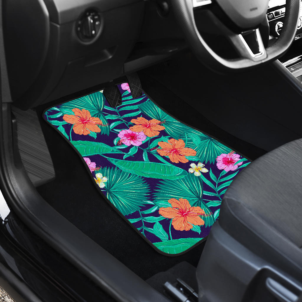 Teal Hawaiian Leaf Flower Pattern Print Front And Back Car Floor Mats/ Front Car Mat