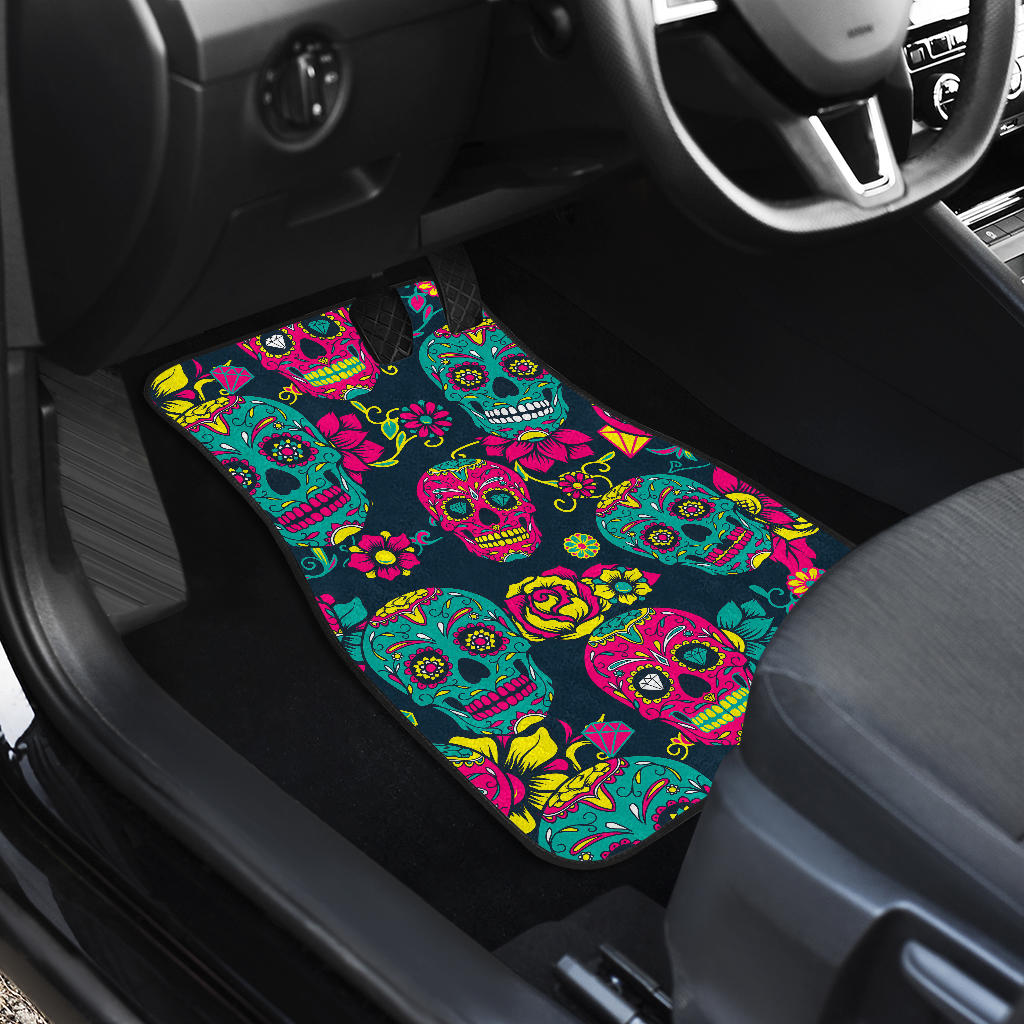 Teal Pink Sugar Skull Pattern Print Front And Back Car Floor Mats/ Front Car Mat
