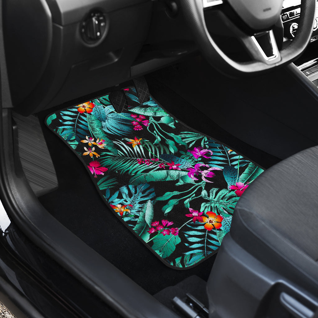 Teal Tropical Leaf Hawaii Pattern Print Front And Back Car Floor Mats/ Front Car Mat