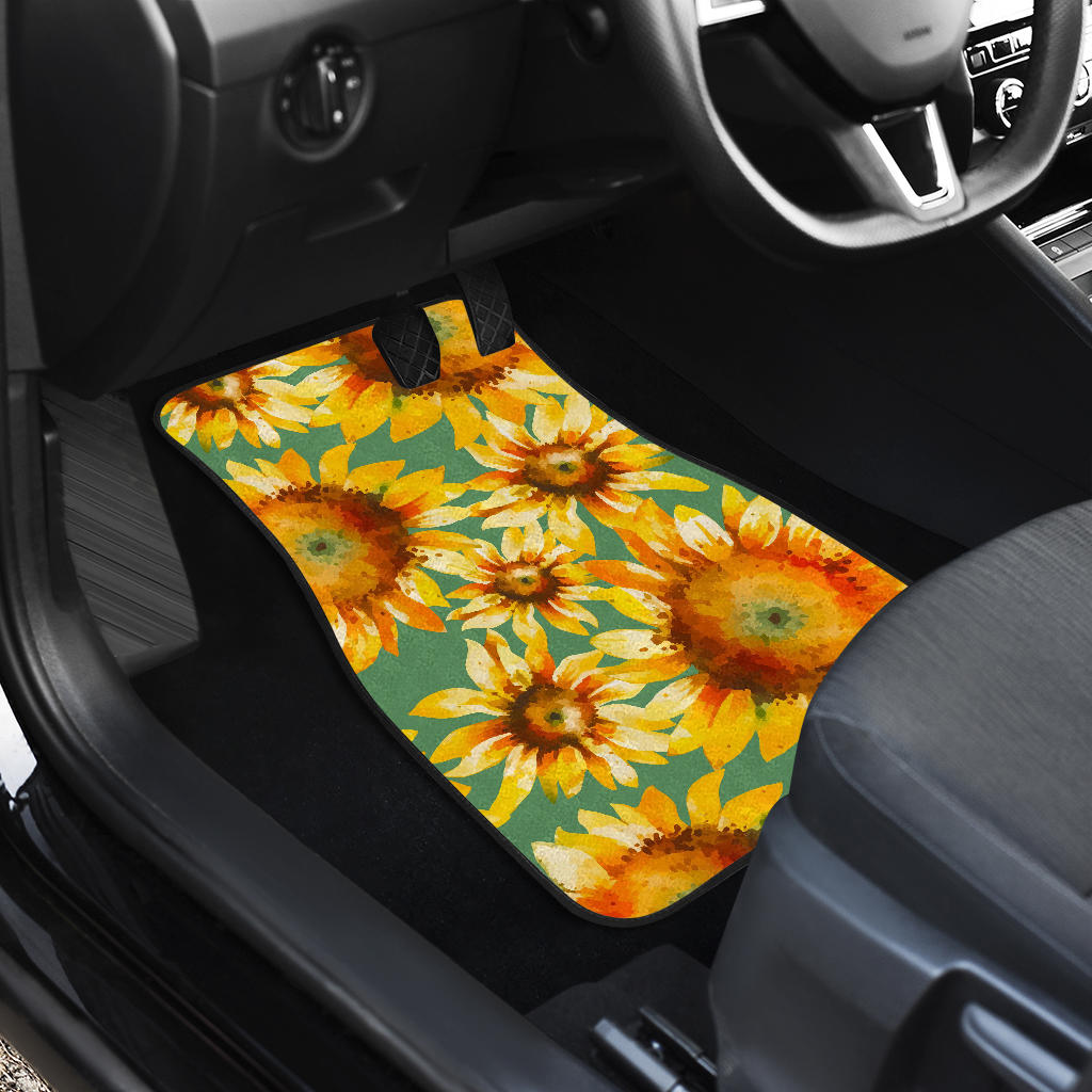 Sage Watercolor Sunflower Pattern Print Front And Back Car Floor Mats/ Front Car Mat