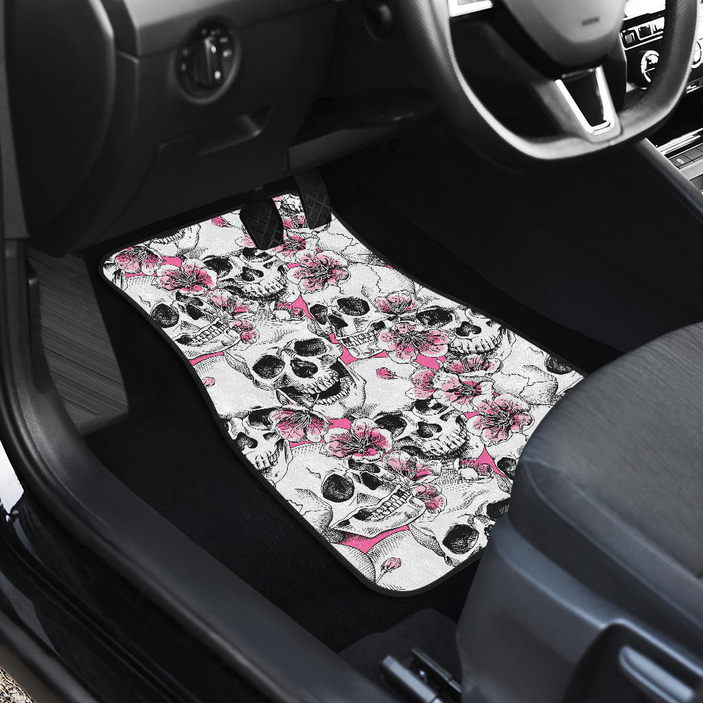 Pink Flowers Skull Pattern Print Front And Back Car Floor Mats/ Front Car Mat