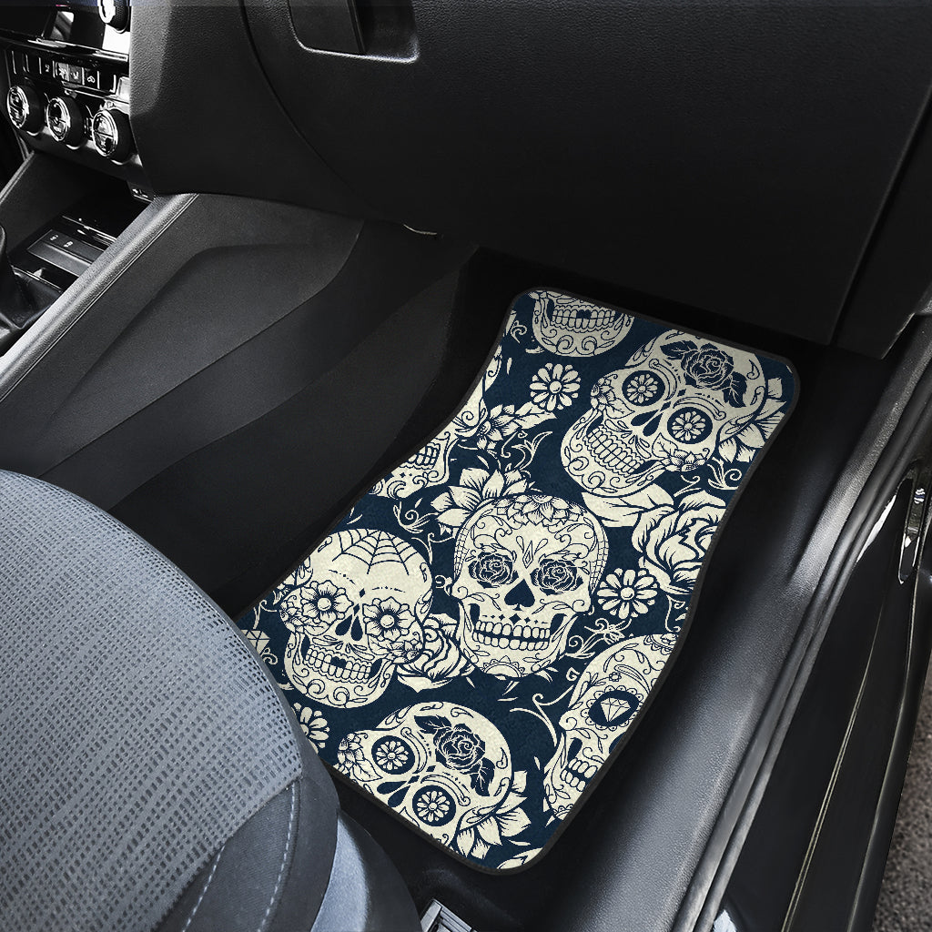 White Floral Sugar Skull Pattern Print Front And Back Car Floor Mats/ Front Car Mat