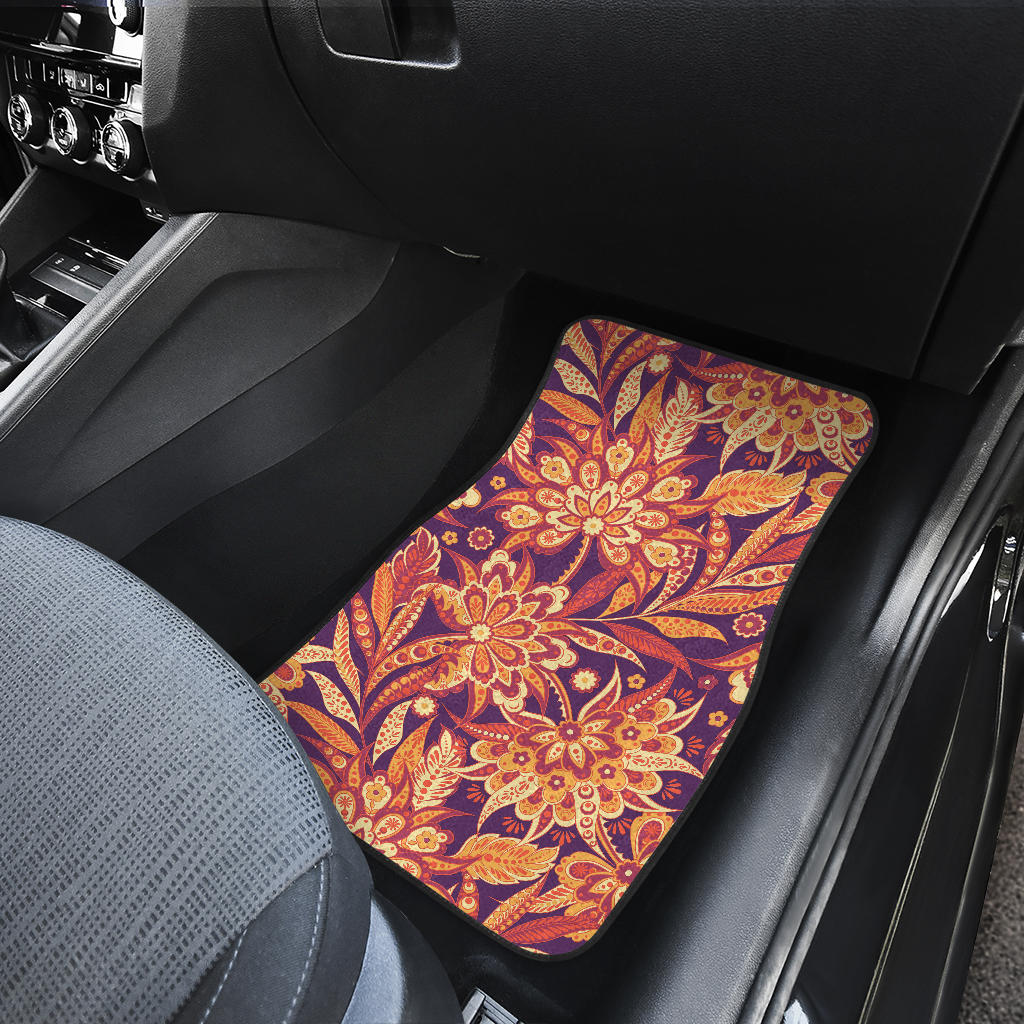 Orange Bohemian Floral Pattern Print Front And Back Car Floor Mats/ Front Car Mat