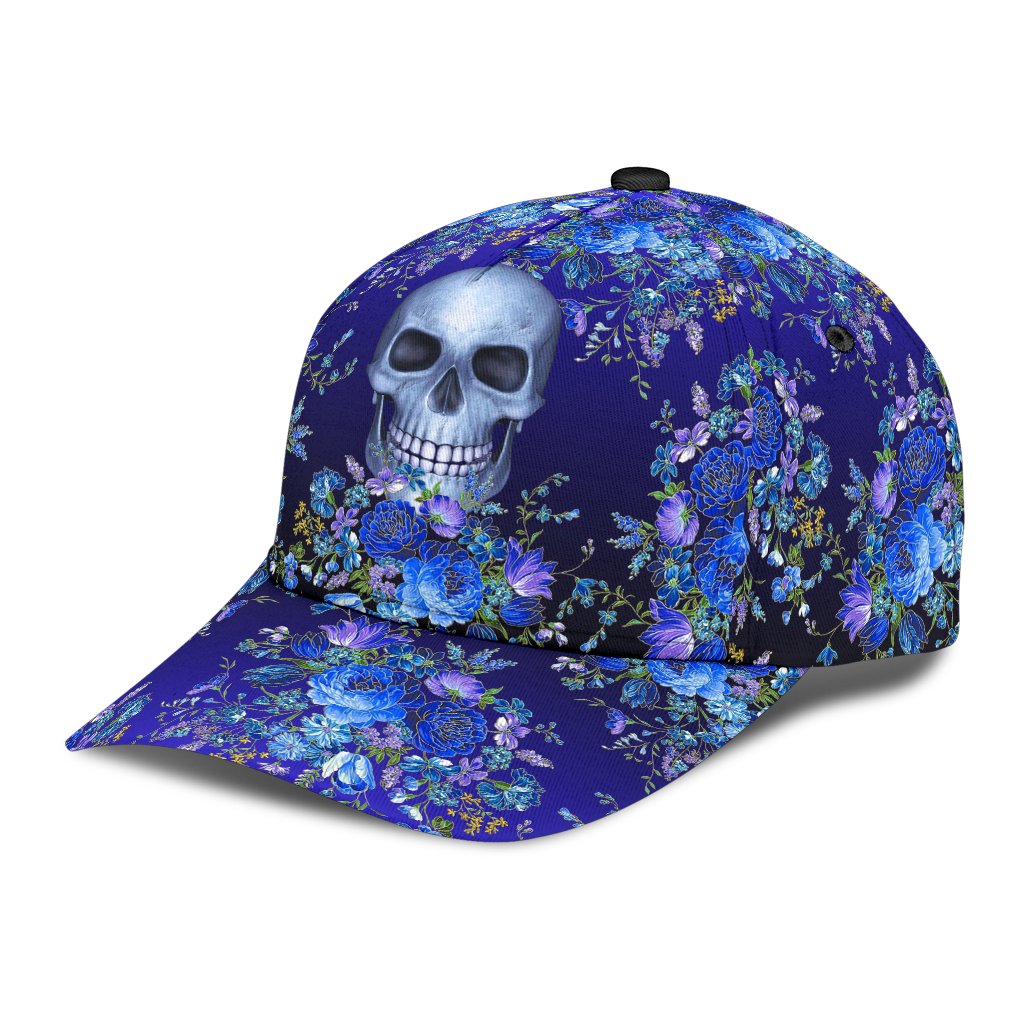 3D Skull Classic Cap Hat With Blue Floral Pattern/ Flower Skull Cap Hat For Her/ Women Skull Cap