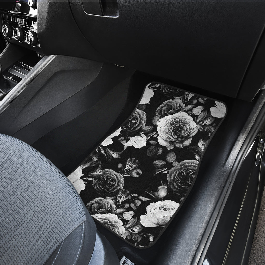 Black White Rose Floral Pattern Print Front And Back Car Floor Mats/ Front Car Mat