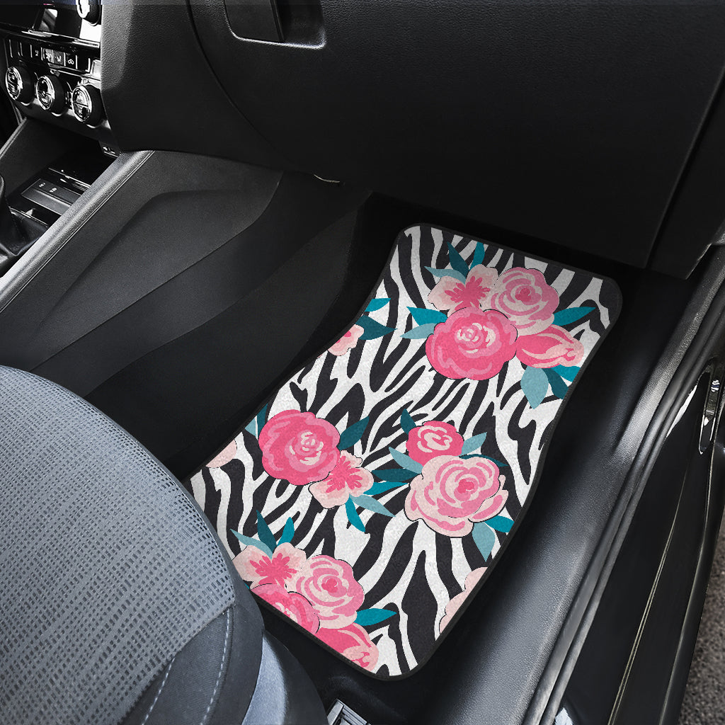Black White Zebra Floral Pattern Print Front And Back Car Floor Mats/ Front Car Mat