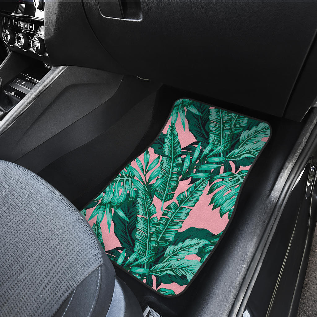 Teal Banana Leaves Pattern Print Front And Back Car Floor Mats/ Front Car Mat